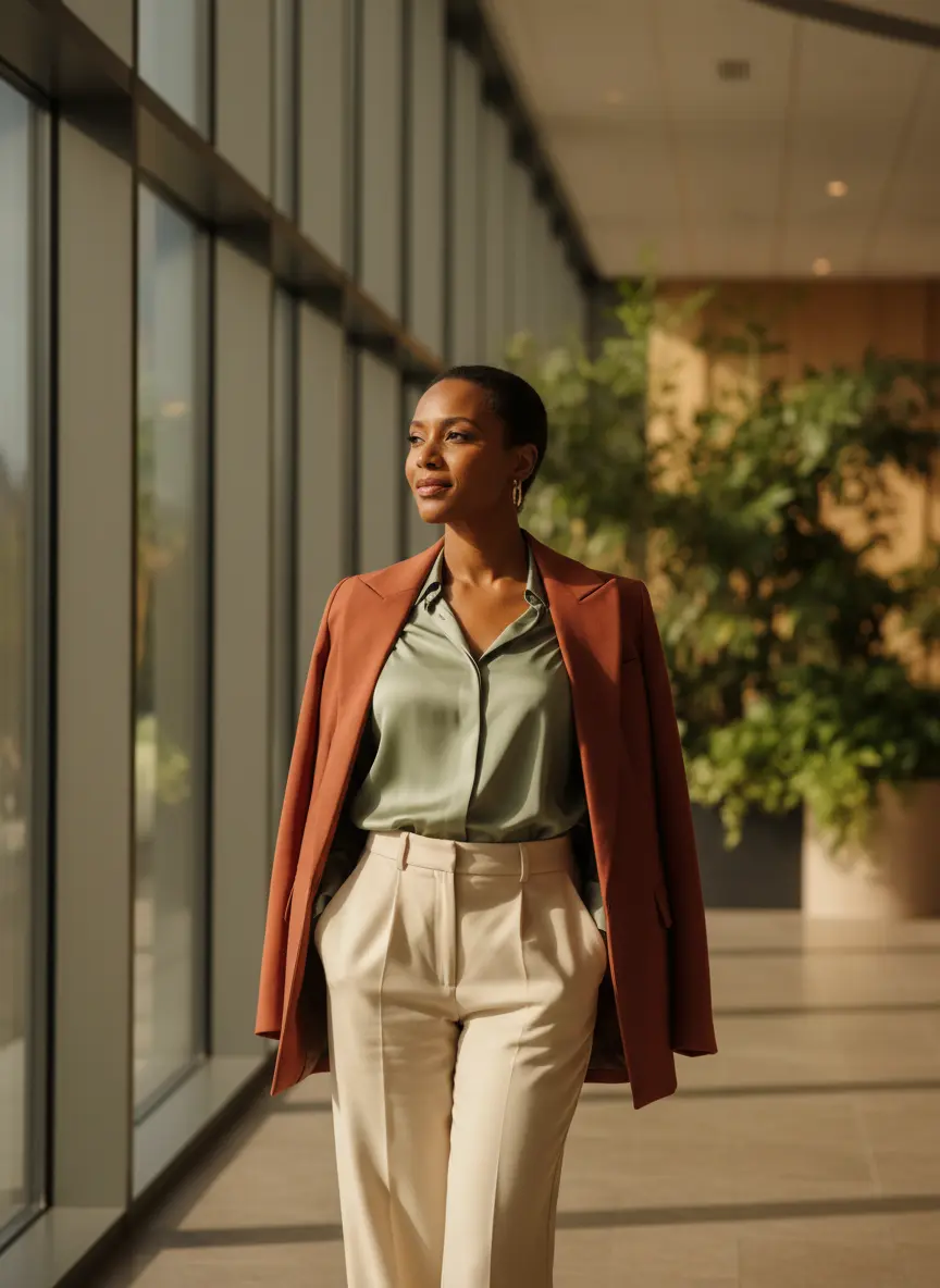 A Black woman in a tailored suit walking confidently down a hallway